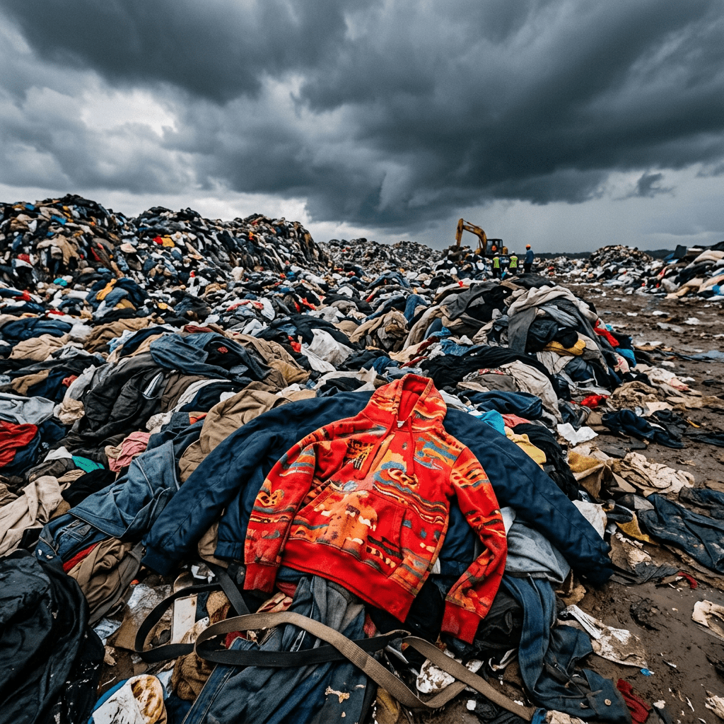 Large heaps of discarded clothing piled at a landfill with stormy clouds overhead