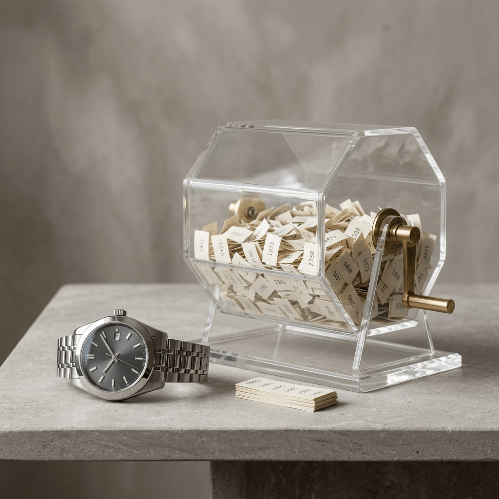 Wristwatch beside transparent dispenser filled with numbered paper slips