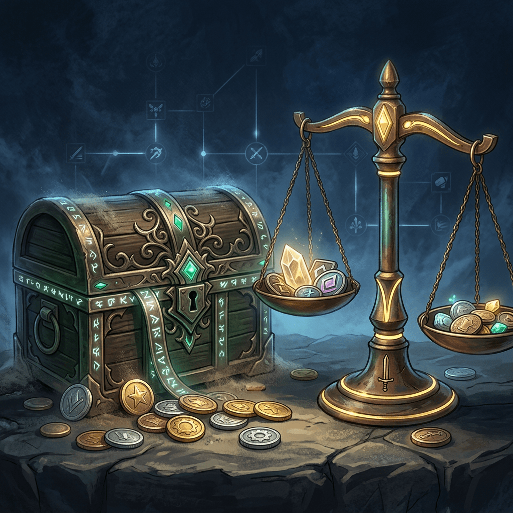 Ornate treasure chest beside scales holding gems and coins