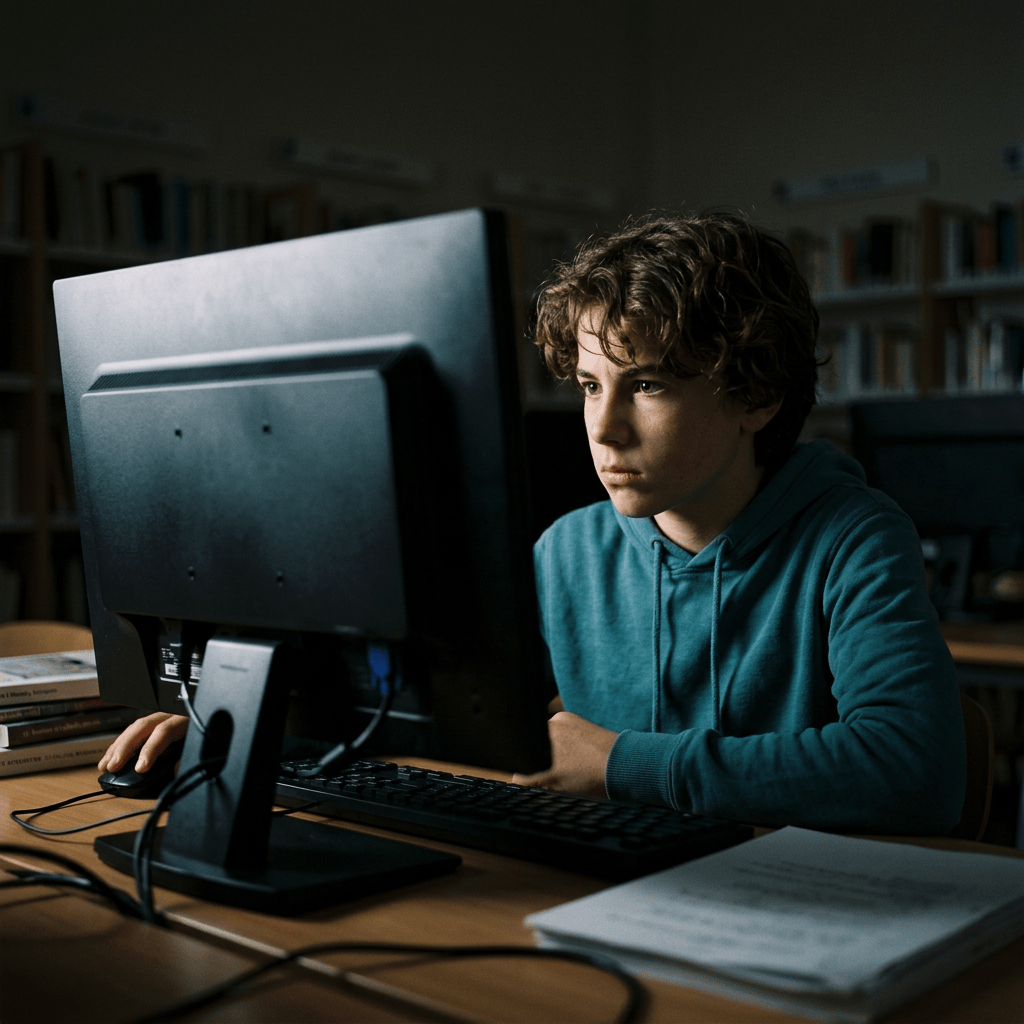 Adult guiding child using computer displaying “ACCÈS AU MINEURS EN LIGNE” online safety website